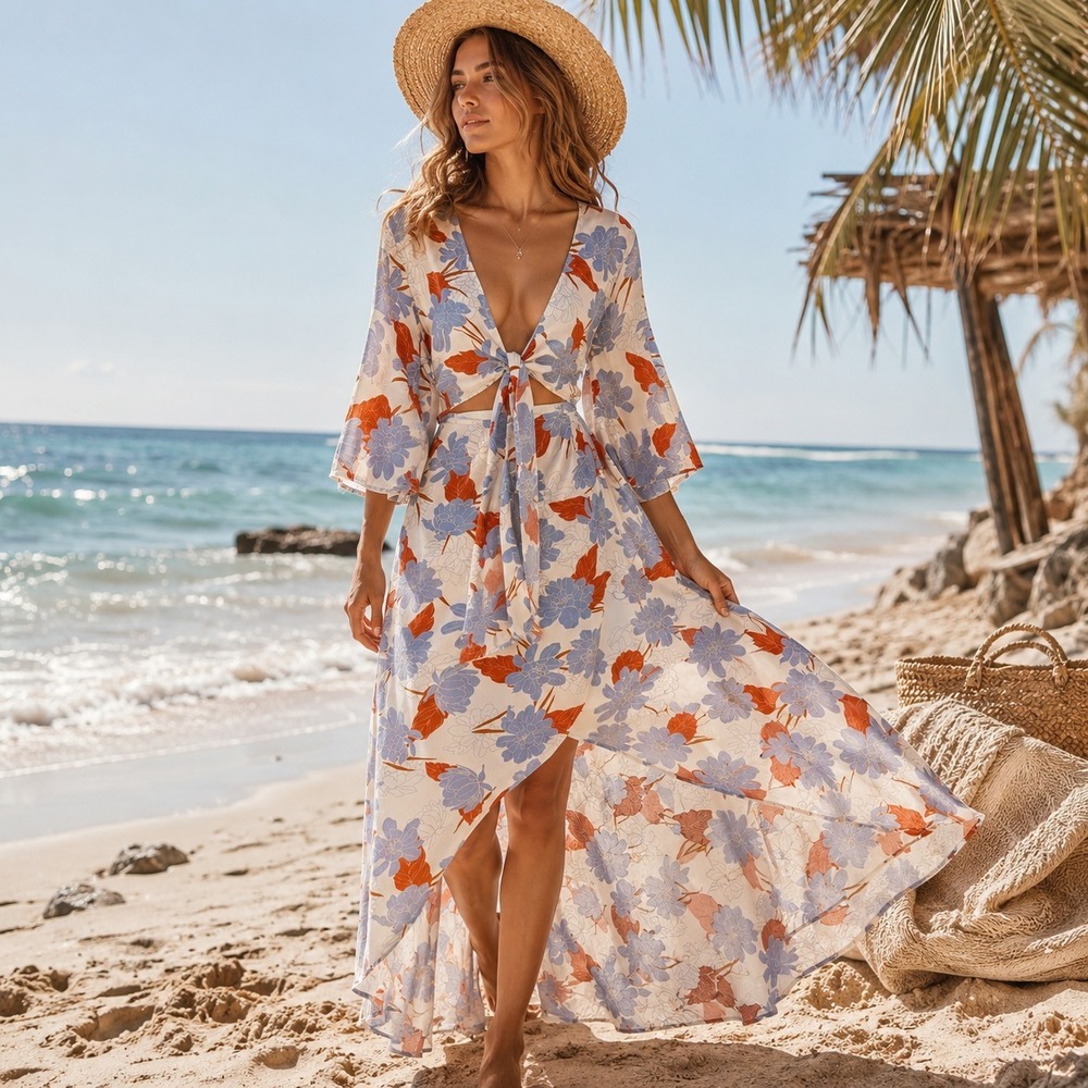 L Space Kellen Cover Up Floral Tie Front‎ Maxi Dress XL Hi-Lo Boho Cottage Beach